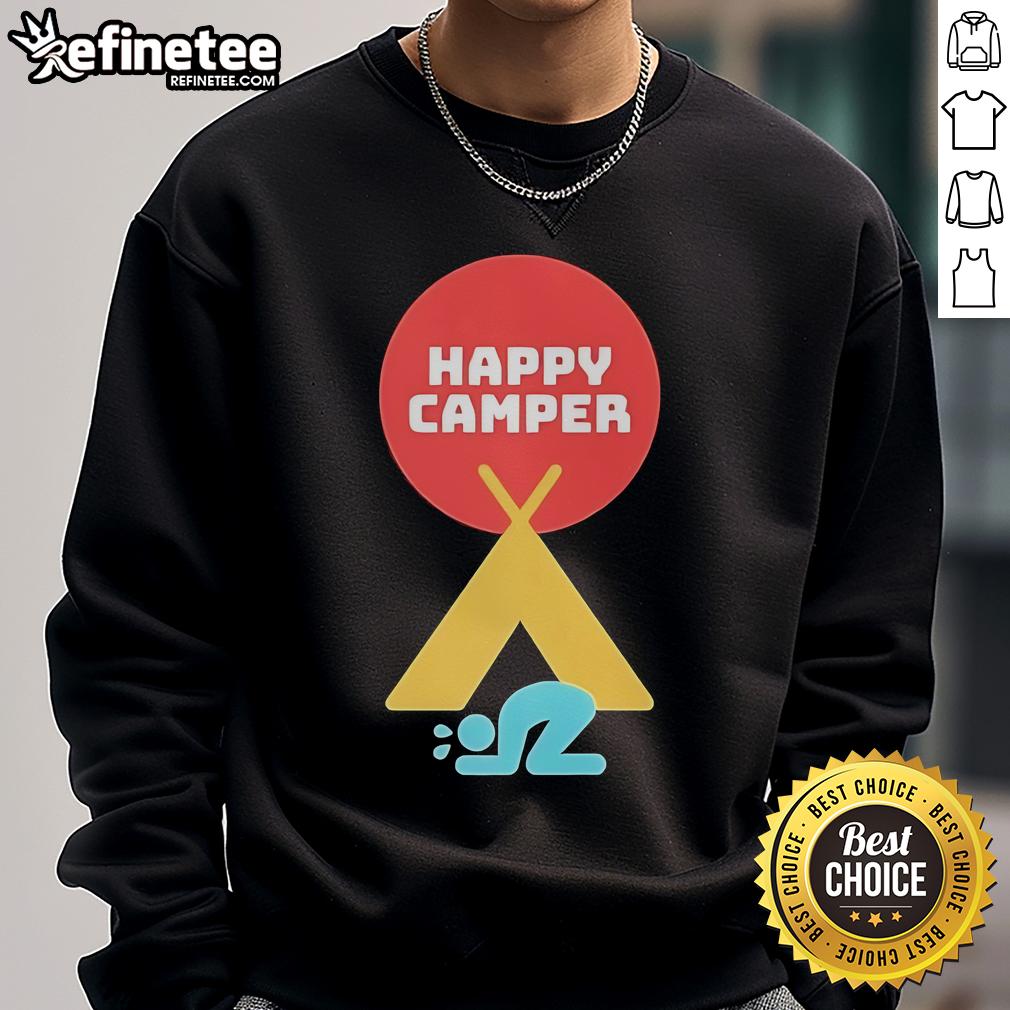 Official Jim Gaffigan Happy Camper 2025 Sweatshirt Alt Text: Official Jim Gaffigan Happy Camper 2025 sweatshirt featuring a colorful design perfect for comedy fans.