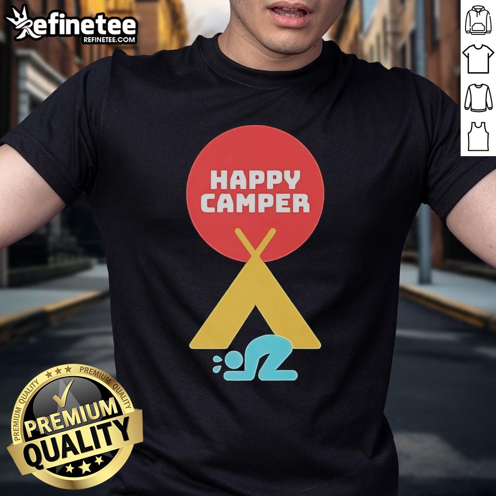 Official Jim Gaffigan Happy Camper 2025 T Shirt Alt Text: Official Jim Gaffigan Happy Camper 2025 T-Shirt featuring a playful design perfect for fans of comedy and adventure.