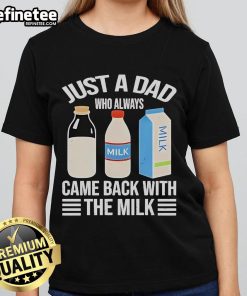 Funny Fathers Day tee featuring the phrase Just A Dad Who Always Came Back With The Milk, perfect for celebrating dads.