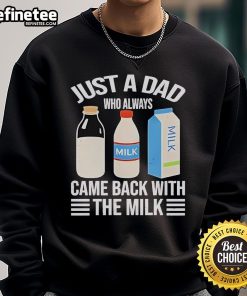 Funny Father's Day sweatshirt featuring 'Just A Dad Who Always Came Back With The Milk' design in bold letters.