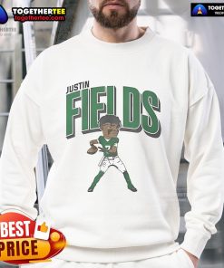 Official Justin Fields New York Jets cartoon sweatshirt featuring vibrant graphics and team colors for fans.
