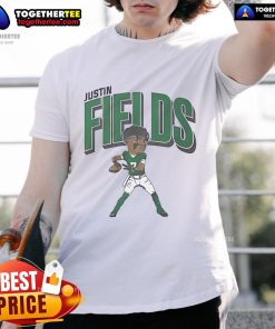 Official Justin Fields New York Jets Cartoon T-Shirt featuring a vibrant design of Fields in Jets gear, perfect for fans.