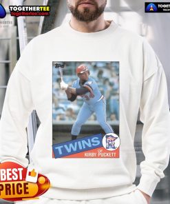 Official Kirby Puckett Minnesota Twins 1985 Topps baseball card design on a stylish sweatshirt for fans.