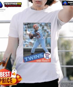 Official Kirby Puckett Minnesota Twins 1985 Topps baseball card player t-shirt featuring vintage sports design.