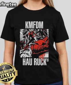 Alt Text: Official KMFDM Hau Ruck 2025 Ladies Tee featuring a stylish design perfect for fans of the iconic industrial band.