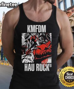 Official KMFDM Hau Ruck 2025 tank top featuring bold graphics and a stylish design for fans of the band.