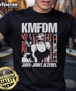 Official Kmfdm Juke Joint Jezebel 2025 Tour T-Shirt featuring bold graphics and tour details in vibrant colors.