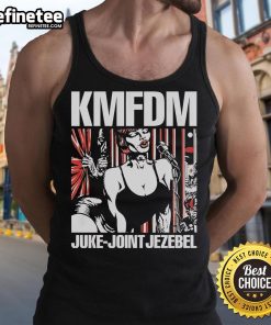 Official KMFDM Juke Joint Jezebel 2025 Tour tank top featuring bold graphics and vibrant colors, perfect for fans.