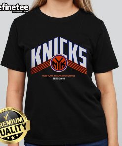Vintage New York Knicks basketball ladies' tee, established 1946, featuring official NYK logo and stylish design.