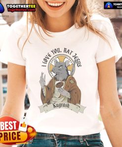 Official Kugrash I Love You Rat Jesus Ladies Tee featuring playful graphic design for fans of unique apparel.