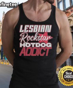 Stylish tank top featuring 'Official Lesbian Rockstar Hotdog Addict' design, perfect for casual wear and pride events.