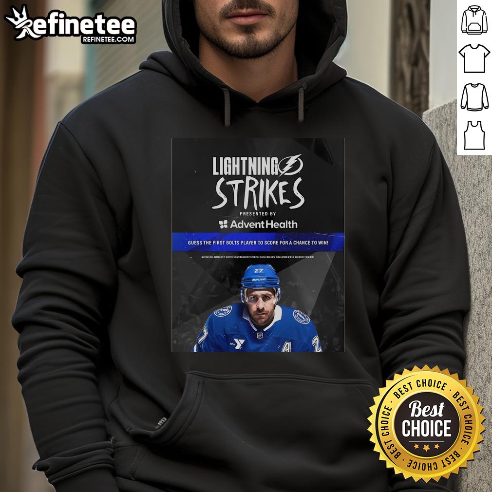 Official Lightning Strikes Presented By Advent Health Guess The First Bolts Player To Score Hoodie Alt Text: Official Lightning Strikes hoodie by Advent Health, featuring Guess The First Bolts Player To Score design.