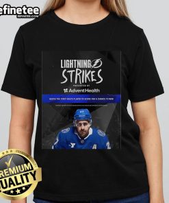 Official Lightning Strikes tee by Advent Health featuring 'Guess the First Bolts Player to Score' design for fans.