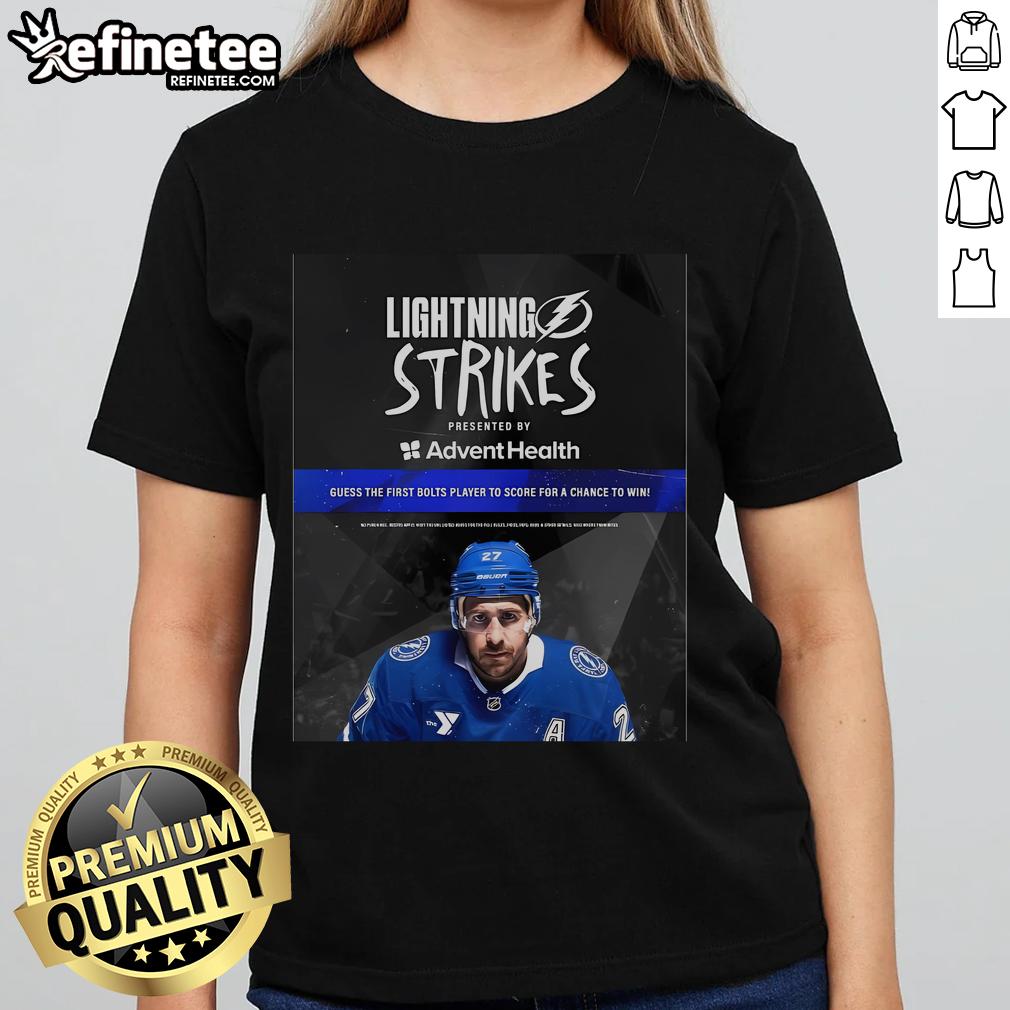 Official Lightning Strikes Presented By Advent Health Guess The First Bolts Player To Score Ladies-Tee Official Lightning Strikes tee by Advent Health featuring 'Guess the First Bolts Player to Score' design for fans.