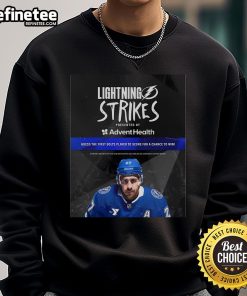Official Lightning Strikes sweatshirt from Advent Health, featuring 'Guess The First Bolts Player To Score' design.