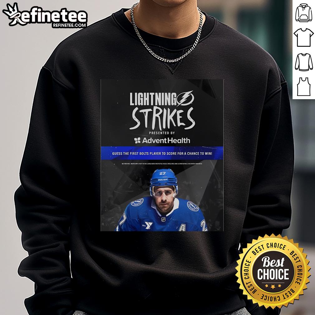 Official Lightning Strikes Presented By Advent Health Guess The First Bolts Player To Score Sweatshirt Official Lightning Strikes sweatshirt from Advent Health, featuring 'Guess The First Bolts Player To Score' design.