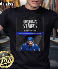 Official Lightning Strikes T-Shirt by Advent Health featuring 'Guess The First Bolts Player To Score' design.