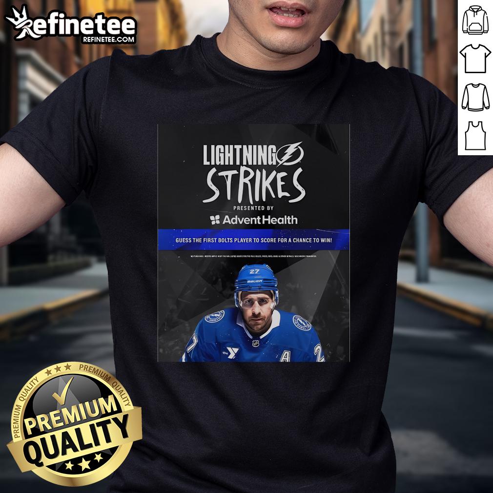 Official Lightning Strikes Presented By Advent Health Guess The First Bolts Player To Score T-Shirt Official Lightning Strikes T-Shirt by Advent Health featuring 'Guess The First Bolts Player To Score' design.