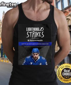 Alt Text: Official Lightning Strikes tank top by Advent Health featuring 'Guess the First Bolts Player to Score' design.