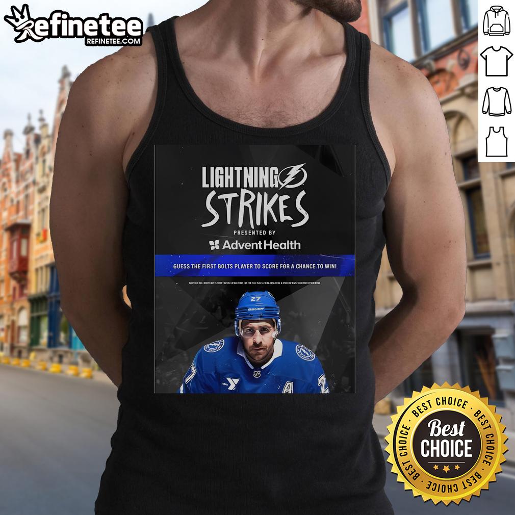 Official Lightning Strikes Presented By Advent Health Guess The First Bolts Player To Score Tank Top Alt Text: Official Lightning Strikes tank top by Advent Health featuring 'Guess the First Bolts Player to Score' design.