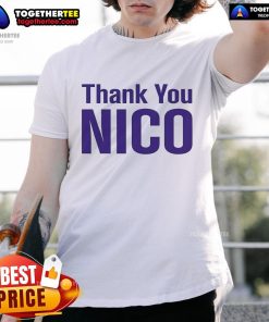 Alt Text: Official Los Angeles Lakers Thank You Nico T-Shirt featuring the team's logo and a heartfelt message for fans.