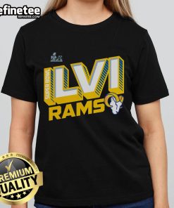 Alt Text: Womens Official Los Angeles Rams Super Bowl LVI Bound Tilted Roster Tee showcasing team pride and style.