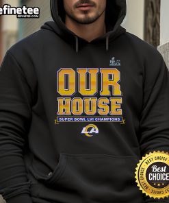 Alt Text: Official Los Angeles Rams Super Bowl LVI Champions Hometown Audible Hoodie in blue and gold, showcasing team pride.