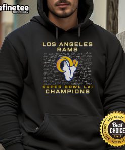 Alt Text: Official Los Angeles Rams Super Bowl LVI Champions roster signature hoodie featuring team signatures and logo.