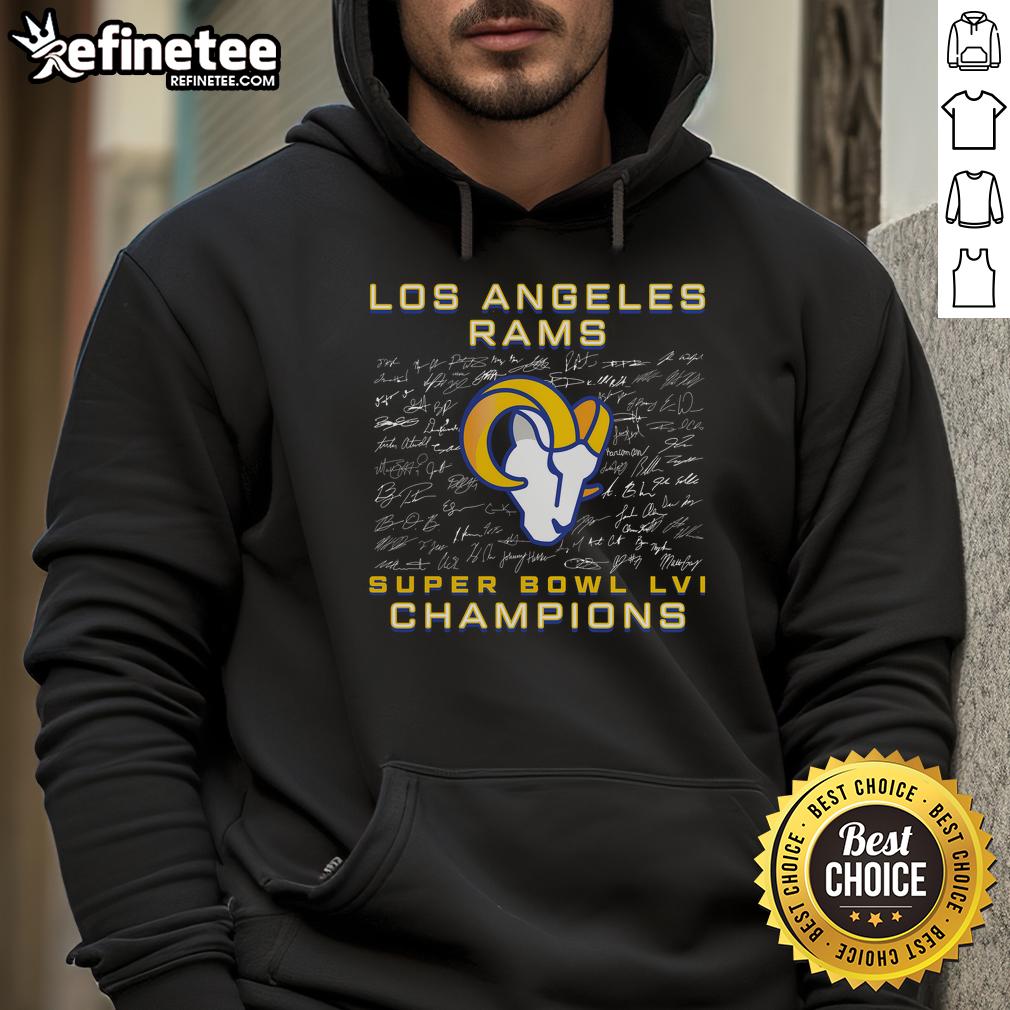 Official Los Angeles Rams Super Bowl Lvi Champions Roster Signature Hoodie Alt Text: Official Los Angeles Rams Super Bowl LVI Champions roster signature hoodie featuring team signatures and logo.