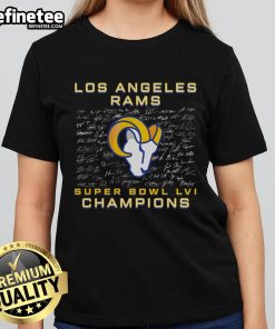 Alt Text: Official Los Angeles Rams Super Bowl LVI Champions roster signature ladies tee showcasing team pride and style.