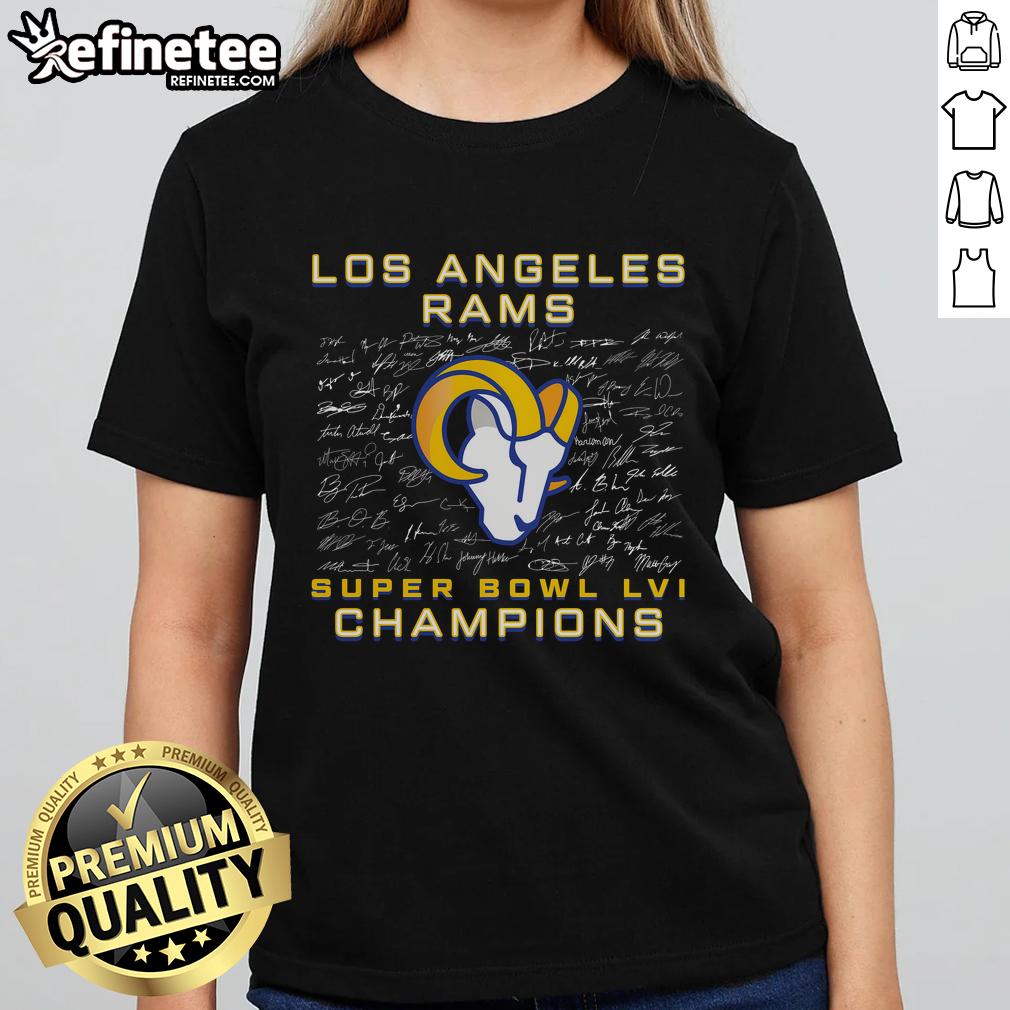 Official Los Angeles Rams Super Bowl Lvi Champions Roster Signature Ladies Tee Alt Text: Official Los Angeles Rams Super Bowl LVI Champions roster signature ladies tee showcasing team pride and style.