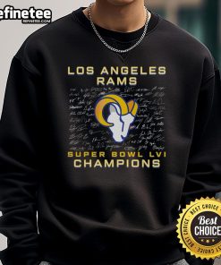 Official Los Angeles Rams Super Bowl LVI Champions roster signature sweatshirt showcasing team pride and celebration.