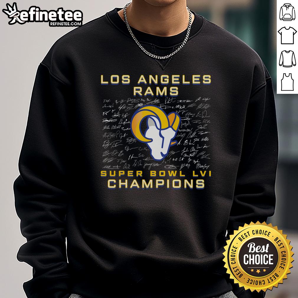 Official Los Angeles Rams Super Bowl Lvi Champions Roster Signature Sweatshirt Official Los Angeles Rams Super Bowl LVI Champions roster signature sweatshirt showcasing team pride and celebration.