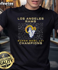 Official Los Angeles Rams Super Bowl LVI Champions Roster Signature T-Shirt featuring player signatures and team logo.
