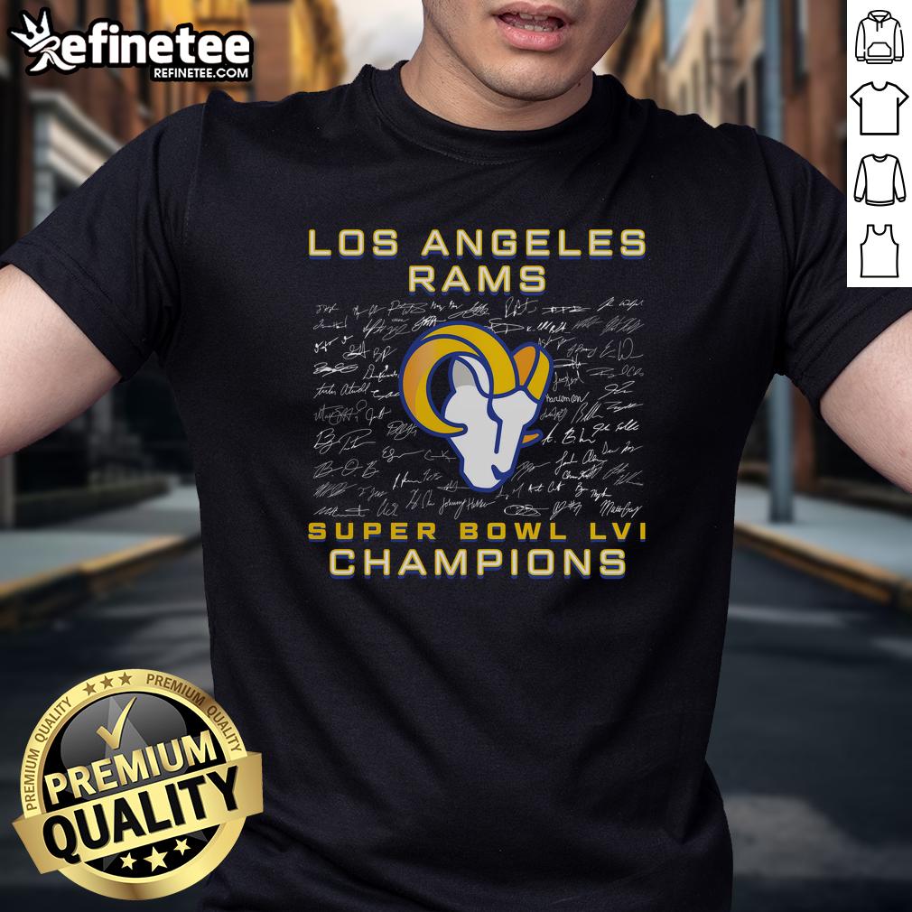 Official Los Angeles Rams Super Bowl Lvi Champions Roster Signature T Shirt Official Los Angeles Rams Super Bowl LVI Champions Roster Signature T-Shirt featuring player signatures and team logo.