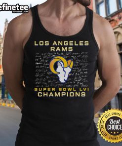 Alt Text: Official Los Angeles Rams Super Bowl LVI Champions roster signature tank top featuring player signatures and team logo.