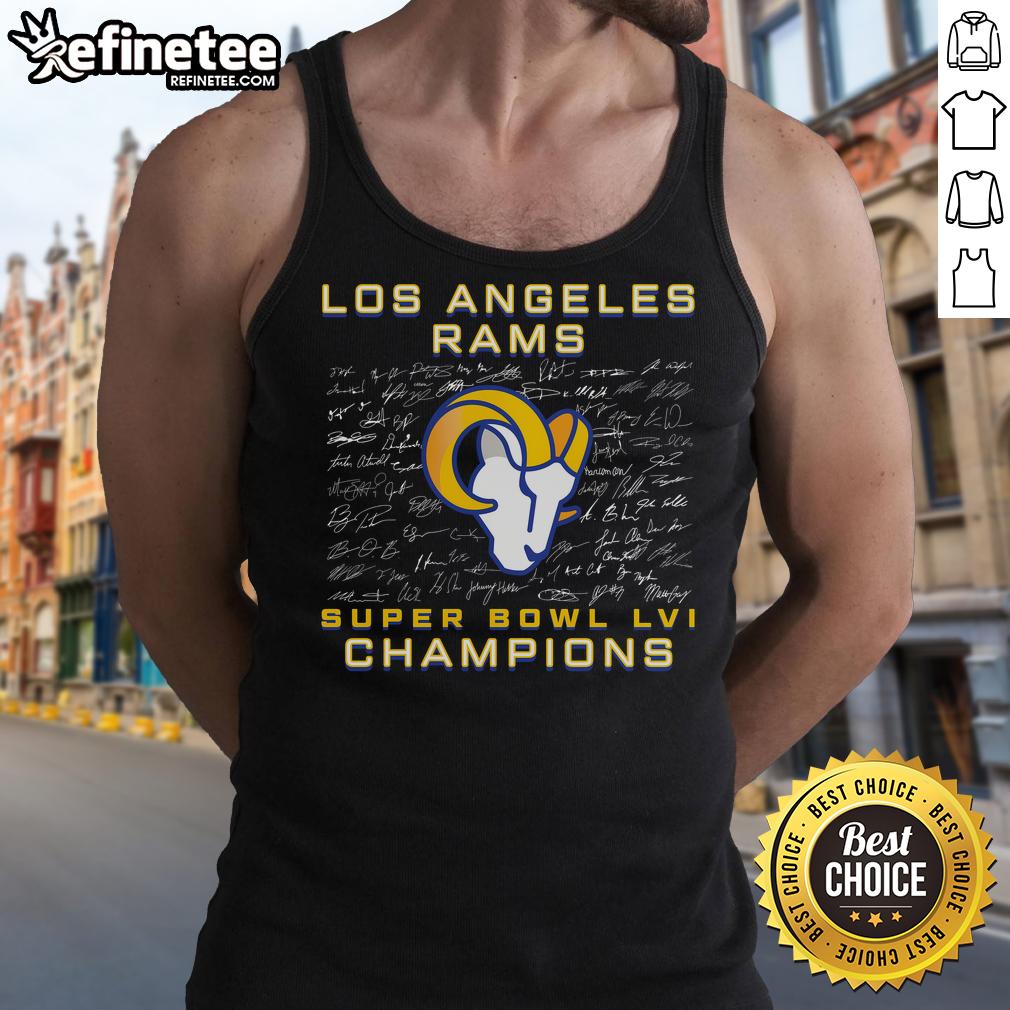 Official Los Angeles Rams Super Bowl Lvi Champions Roster Signature Tank Top Alt Text: Official Los Angeles Rams Super Bowl LVI Champions roster signature tank top featuring player signatures and team logo.