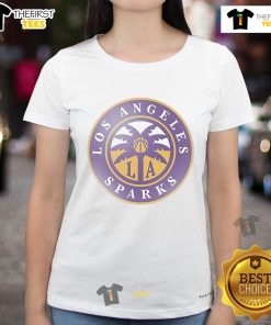 Official Los Angeles Sparks Respect Her Game ladies tee featuring team logo and vibrant colors for fans.