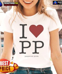 Alt Text: Official Love PP Pepperoni Pizza Ladies Tee featuring a vibrant pizza graphic, perfect for pizza lovers.