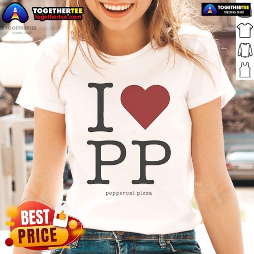 Alt Text: Official Love PP Pepperoni Pizza Ladies Tee featuring a vibrant pizza graphic, perfect for pizza lovers.