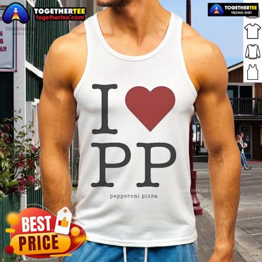 Official Love PP Pepperoni Pizza Tank Top featuring vibrant pizza graphic, perfect for casual summer wear.