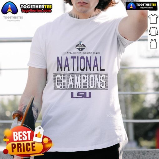 Official LSU 2025 NCAA D1 Women's Tennis National Champions T-Shirt featuring team colors and logo.