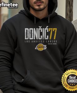 Official Luka Doncic 77 Los Angeles Lakers hoodie featuring vibrant team colors and stylish design for fans.