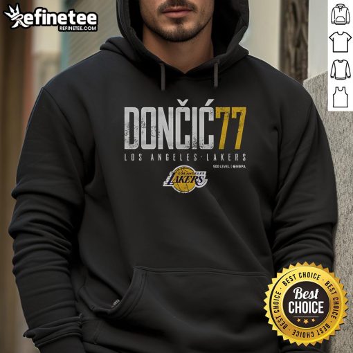 Official Luka Doncic 77 Los Angeles Lakers hoodie featuring vibrant team colors and stylish design for fans.