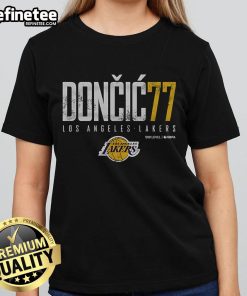 Official Luka Doncic 77 Los Angeles Lakers Ladies Tee showcasing stylish design and team spirit for female fans.