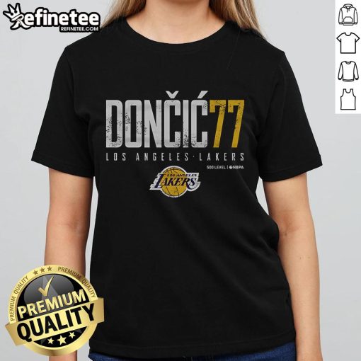 Official Luka Doncic 77 Los Angeles Lakers Ladies Tee showcasing stylish design and team spirit for female fans.