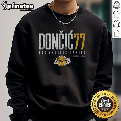 Alt Text: Official Luka Doncic 77 Los Angeles Lakers sweatshirt featuring a stylish design for fans and players alike.