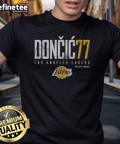 Official Luka Doni 77 Los Angeles Lakers T-Shirt featuring vibrant team colors and player graphics, perfect for fans.