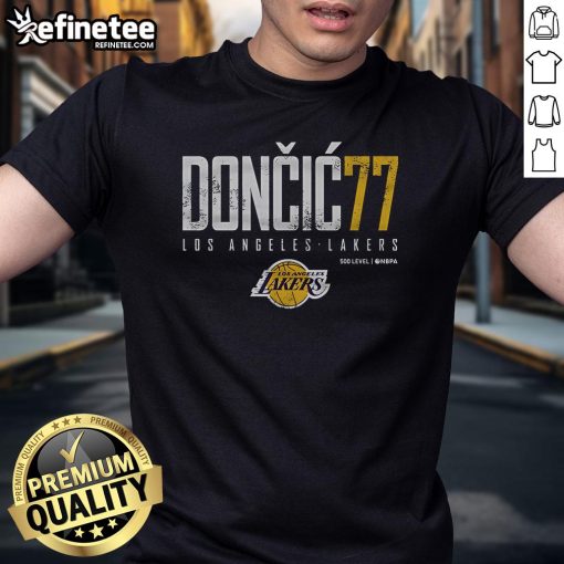 Official Luka Doni 77 Los Angeles Lakers T-Shirt featuring vibrant team colors and player graphics, perfect for fans.