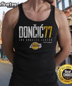 Official Luka Doncic 77 Los Angeles Lakers tank top featuring vibrant graphics and comfortable fit for fans.